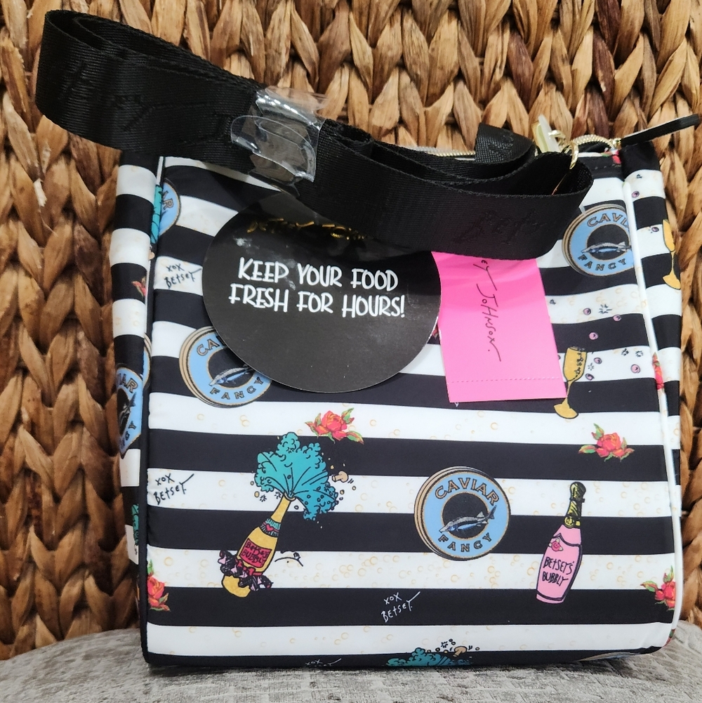 NWT Betsey Johnson "Caviar & Bubbly" Insulated Lunch Tote Chic Striped Bag - Picture 17 of 17